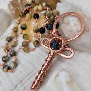Copper Ankh Pendant on Tigers Eye Hand Beaded Copper Chain, Personal Key of Life Talisman, Energy, Ankh necklace, handmade, hammered
