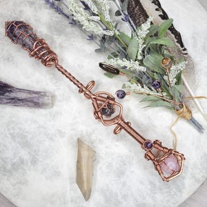 Amethyst Crystal Wand, magic wand, copper wand Dragon Tooth Amethyst, Black Moonstone, Rose Quartz sphere, copper healing tool, Crystal wand