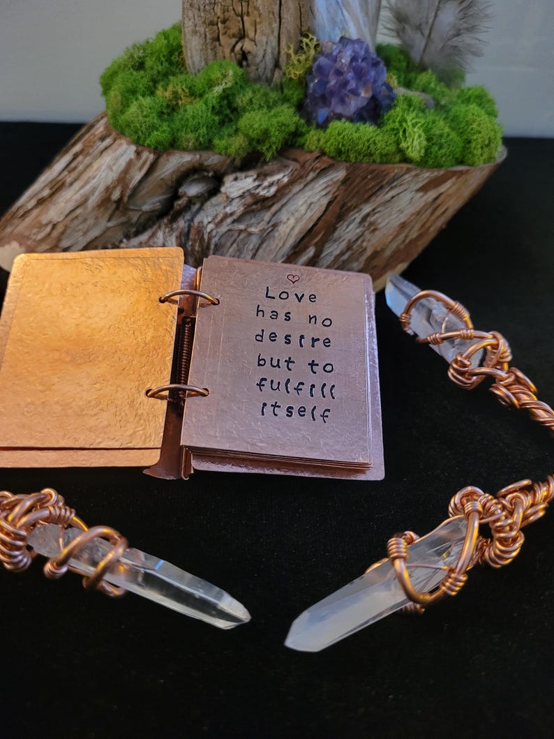 May include: A copper-colored journal with the quote "Love has no desire but to fulfill itself" is open, next to two crystal pendants with copper wire wrapping. The background features a wooden base with moss and a purple crystal.