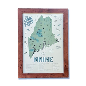 Maine State Parks Karte & Checkliste | Vintage Grün | 11x17" Druck