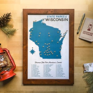 Carte et liste de contrôle des parcs d'État du Wisconsin | Impression 11 x 17 po.