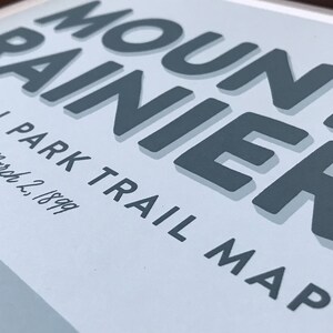 May include: A blue and white vintage-style poster with the text "Mount Rainier National Park Trail Map" and the date "Sept. March 2, 1899".