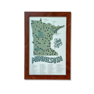 Carte et liste de contrôle des parcs d'État du Minnesota | vert vintage | Impression 11 x 17 po.