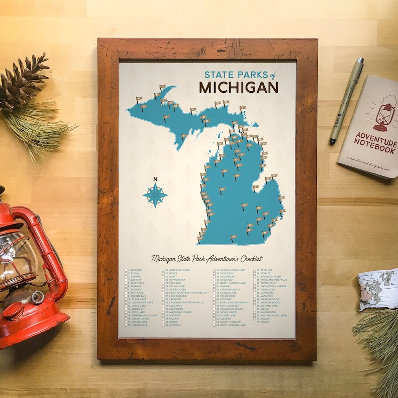 Mappa e lista di controllo dei parchi statali del Michigan / 11x17 immagine 1