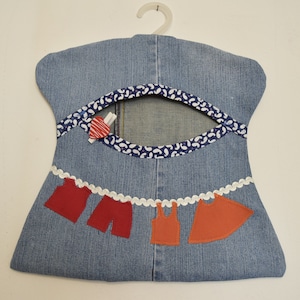 Clip Storage Bag,  with applications, Bag with Hanger, Denim Storage Bag, Eco-Friendly, Zero Waste, Gift for Her,Handmade