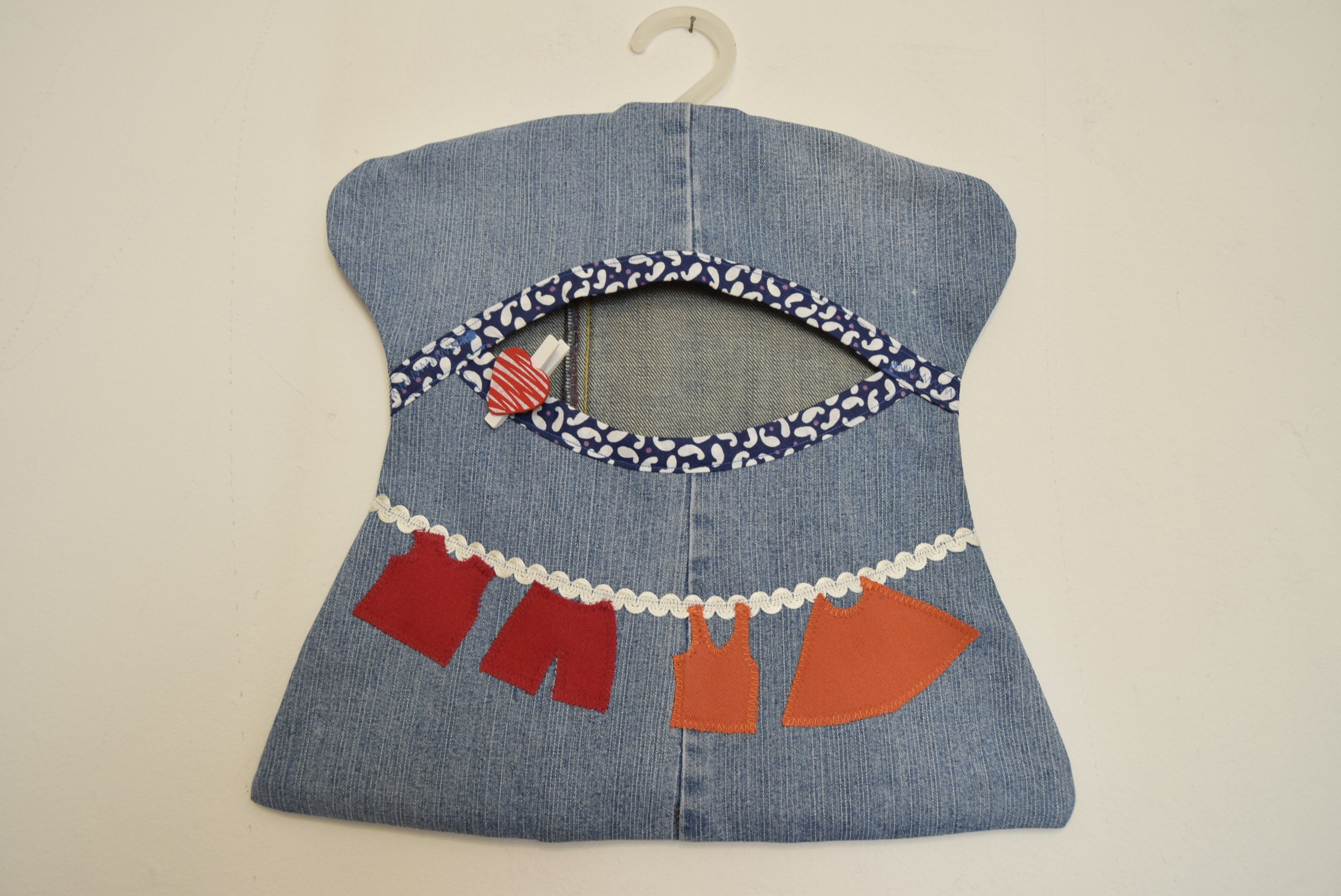 Clip Storage Bag,  with applications, Bag with Hanger, Denim Storage Bag, Eco-Friendly, Zero Waste, Gift for Her,Handmade