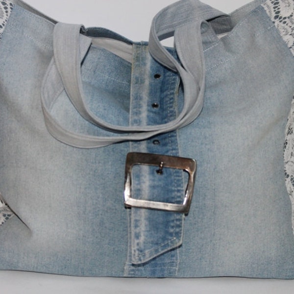 Lace tote / Jeans Tote Bag / Denim handbag / Recycled Bag / Lace Jens Bag / Comfortable Shoulder bag