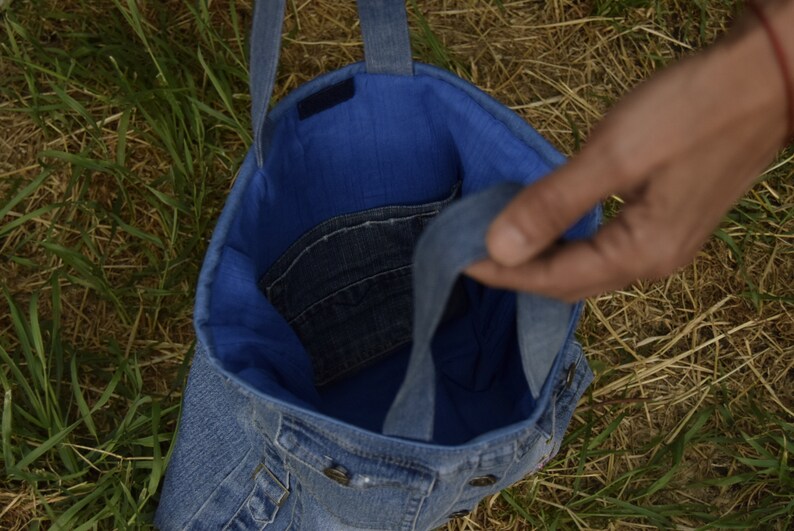 Denim jacket bag, teenage bag, gift for a girl, embroidered bag, handmade bag, zero waste,Boho Bag,Tote Bag image 5