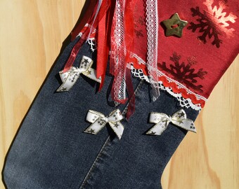 Christmas Stocking, Denim Stocking, Personalised Stocking, Personalized Christmas Stocking, Santa Sack, Xmas Sock,Style is boho