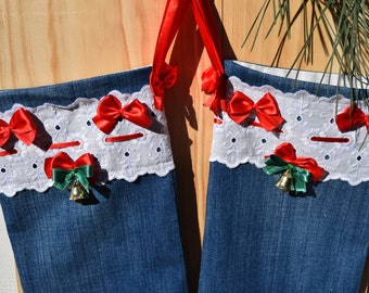 Set of two Christmas Stocking, Denim Stocking, Personalised Stocking, Personalized Christmas Stocking, Santa Sack, Xmas Sock,Style is boho