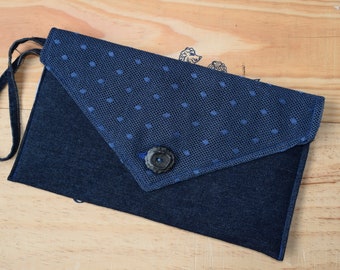 Blue Denim clutch purse,Women Fabric, Wristlet Vegan, Cash Organsier, Credit Card Holder, Gift for Girlfriend, Handmade Ladies Purse Bag