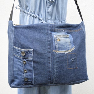 Shoulder bag,denim bag,laptop bag,unisex bag,upcycled jeans, handbag with top zipper, dark blue denim,vegan handbag,casual bag,zippered bag image 2