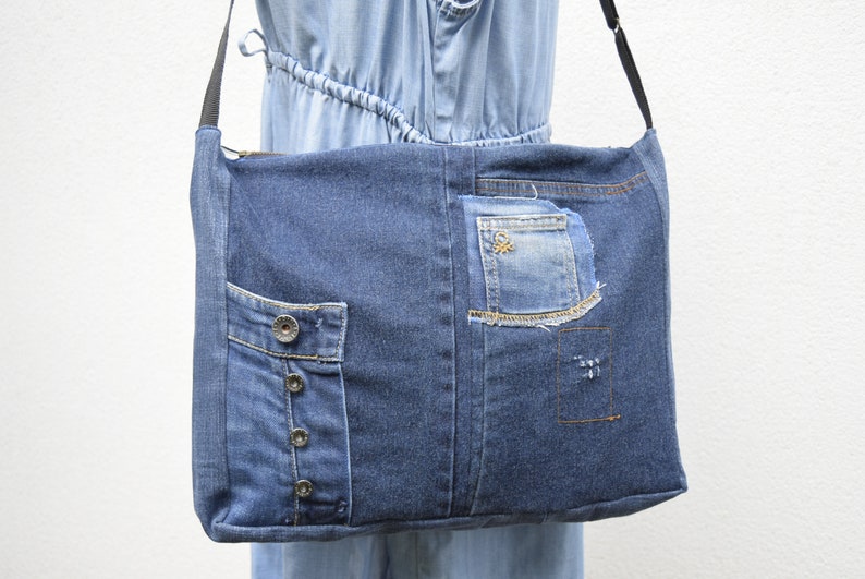 Shoulder bag,denim bag,laptop bag,unisex bag,upcycled jeans, handbag with top zipper, dark blue denim,vegan handbag,casual bag,zippered bag image 2