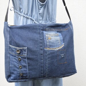 Shoulder bag,denim bag,laptop bag,unisex bag,upcycled jeans, handbag with top zipper, dark blue denim,vegan handbag,casual bag,zippered bag image 7