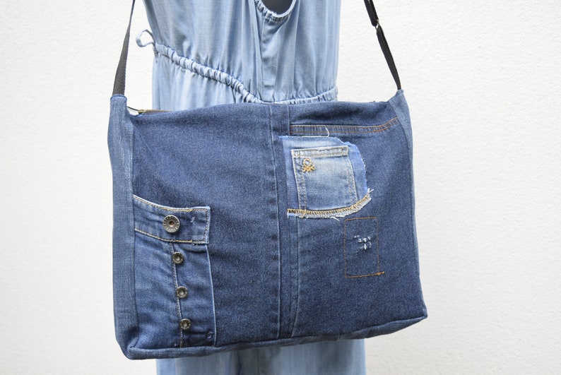 Shoulder bag,denim bag,laptop bag,unisex bag,upcycled jeans, handbag with top zipper, dark blue denim,vegan handbag,casual bag,zippered bag image 7