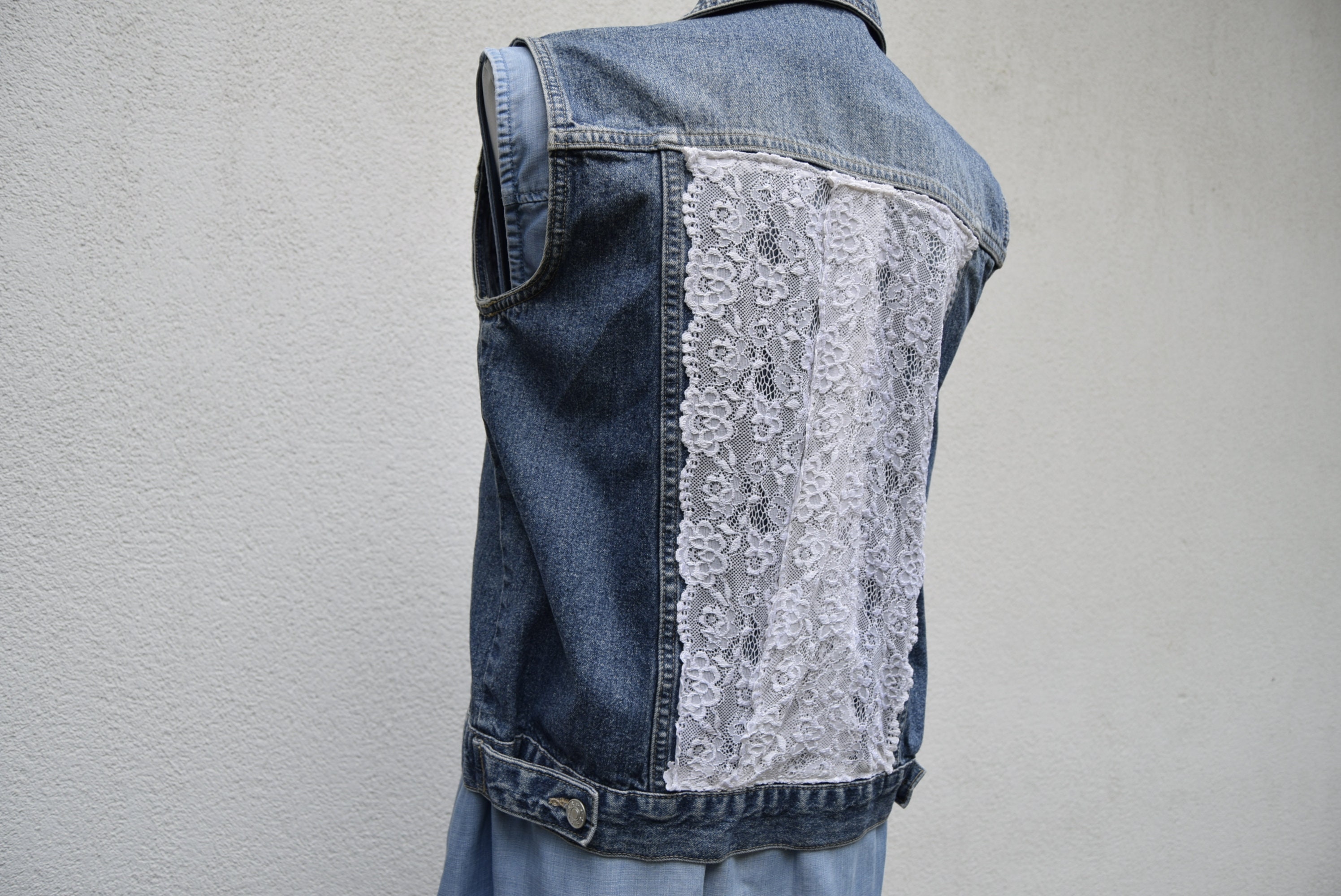 Embellished Lapel Collared Blue Denim Vest With High Waisted Pants Set