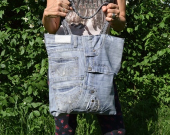Demin Tote, Recycled Tote Bag, Big Denim tote,Gray  demin bag, Denim beach bag, Large Denim Shopping bag