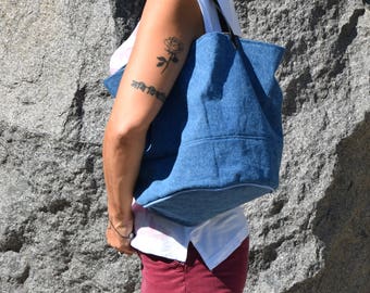 Recycled Bag,Tote bag round , Urban Sport Bag . Everyday Bag. Jeans bag . Blue Bag,Shoulder bag round,Large round bag