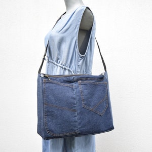 Shoulder bag,denim bag,laptop bag,unisex bag,upcycled jeans, handbag with top zipper, dark blue denim,vegan handbag,casual bag,zippered bag image 3