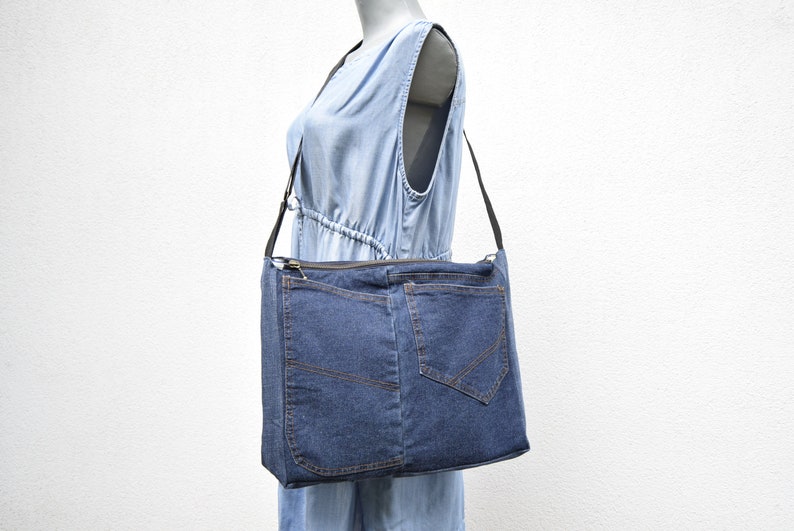 Shoulder bag,denim bag,laptop bag,unisex bag,upcycled jeans, handbag with top zipper, dark blue denim,vegan handbag,casual bag,zippered bag image 3