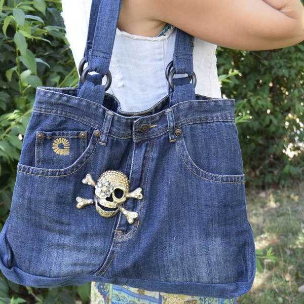 Skull Denim Purse / Denim Bag / Modern Recycled Bag / Shoulder Bag / Blue Jeans Bag / Denim Handbag