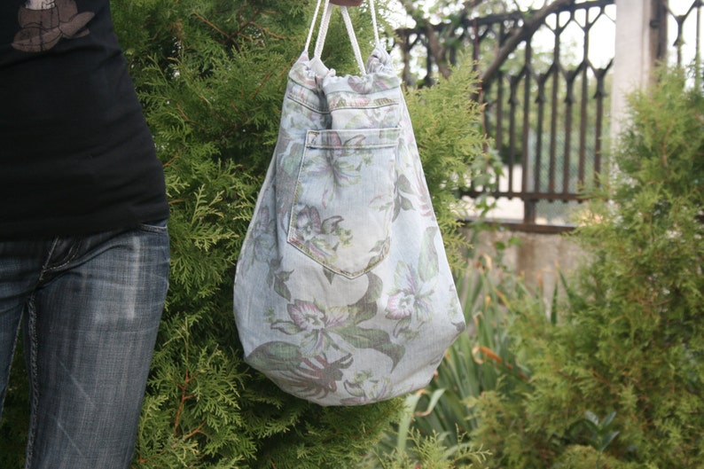 Floral denim backpack Boho backpack Floral pattern backpack Drawstrings backpack,Teenage Backpack