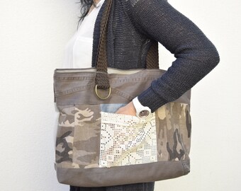 XXL Denim bag, Weekender bag, Festival bag, Beach bag, Recycle art, Jean Bag, patchwork bag,camouflage,gray and brown denim.Upcycle denim