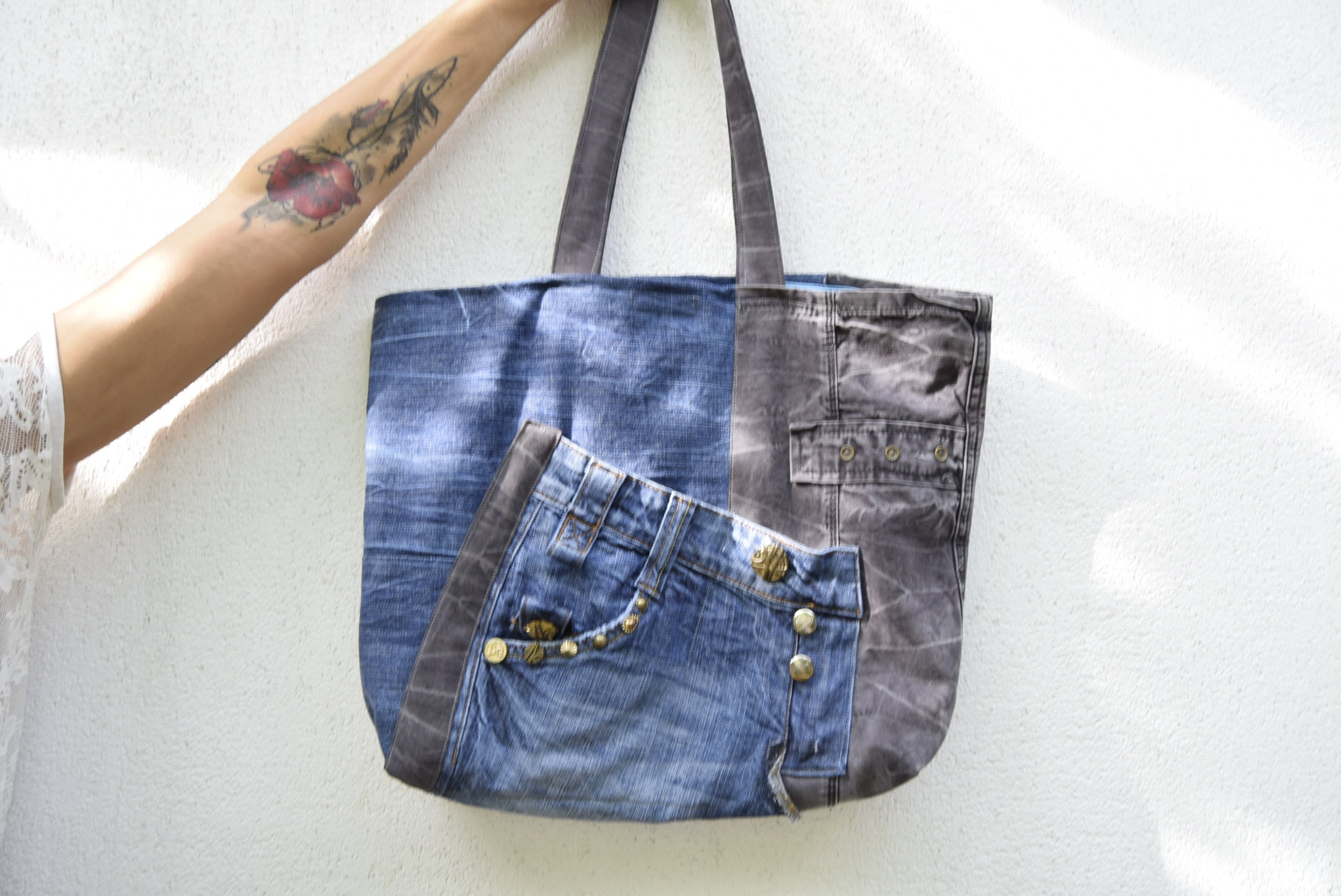 Denim Patchwork Bag,denim Shoulder Bag,recycled Denimbag,eco Friendly ...