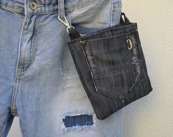 Pocket gerecycleerde jeans heuptas, riem portemonnee, heuptas voor telefoon, geld, eco-vriendelijke portemonnee, riem portemonnee, zwarte denim