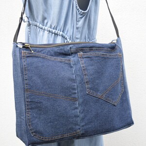 Shoulder bag,denim bag,laptop bag,unisex bag,upcycled jeans, handbag with top zipper, dark blue denim,vegan handbag,casual bag,zippered bag image 8