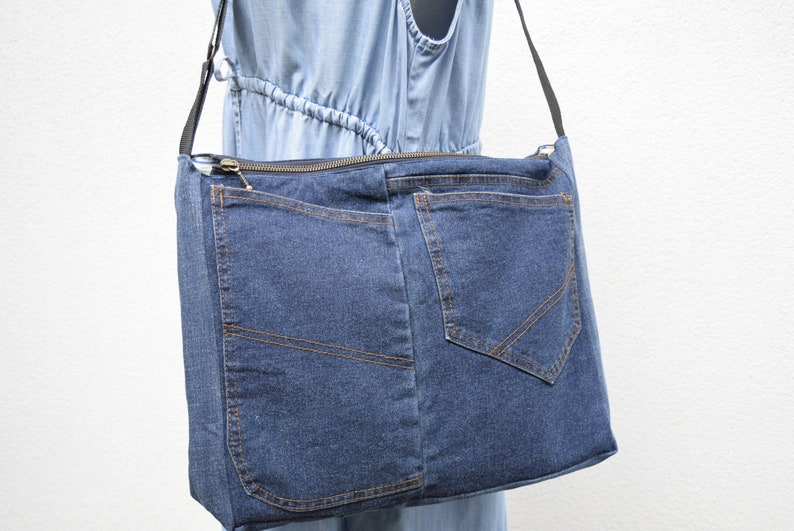 Shoulder bag,denim bag,laptop bag,unisex bag,upcycled jeans, handbag with top zipper, dark blue denim,vegan handbag,casual bag,zippered bag image 8