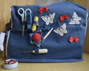 Sewing Machine Cover,Handmade cover from denim,Cover in Vintage,sewing machine cover with Pockets,a gift for her,Christmas gift