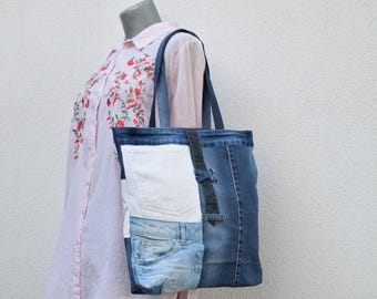 Patchwork denim bag,upcycled denim tote bag,Summer denim bag,slouchy soft shoulder bag,Hippie Boho style,denim patchwork,vegan,zero waste
