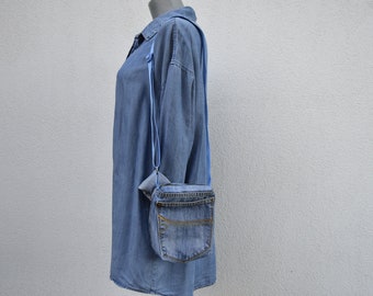 Small crossbody phone bag and denim fabric, zipper shoulder bag,small purse for women,gift to daughter and mom,Upcycled denim bag,zero waste