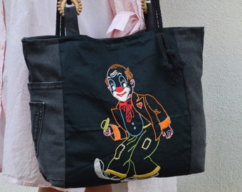 Black Denim Bag,Embroidery Bag,Boho Style,Recycled Denim,Handmade Bag,Eco Friendly,Unique Bag