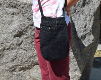 Small crossbody bag,Denim Handbag, Small Phone bag,Small crossbody, Travel purse, Recycled black jean messenger bag, Side bag Denim sling