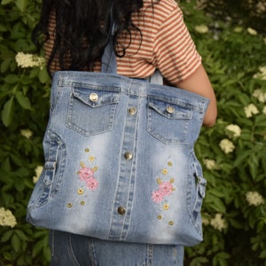 Denim jacket bag, teenage bag, gift for a girl, embroidered bag, handmade bag, zero waste,Boho Bag,Tote Bag image 4