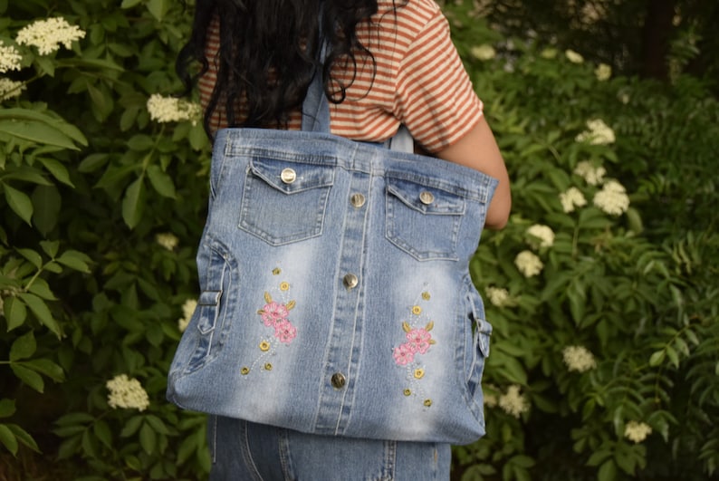 Denim jacket bag, teenage bag, gift for a girl, embroidered bag, handmade bag, zero waste,Boho Bag,Tote Bag image 4