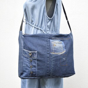 Shoulder bag,denim bag,laptop bag,unisex bag,upcycled jeans, handbag with top zipper, dark blue denim,vegan handbag,casual bag,zippered bag image 4