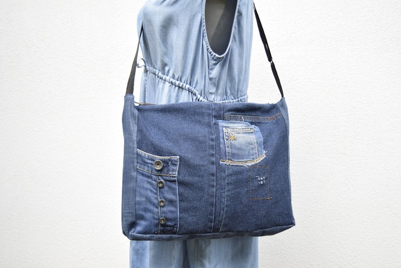 Shoulder bag,denim bag,laptop bag,unisex bag,upcycled jeans, handbag with top zipper, dark blue denim,vegan handbag,casual bag,zippered bag image 4