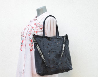 Shoulder bag,denim bag,laptop bag,unisex bag,upcycled jeans, handbag with,black denim,vegan ,casual bag,with long and two short handles