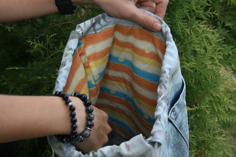 Floral denim backpack Boho backpack Floral pattern backpack Drawstrings backpack,Teenage Backpack
