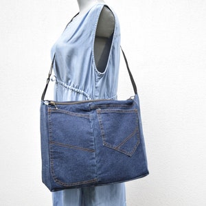 Shoulder bag,denim bag,laptop bag,unisex bag,upcycled jeans, handbag with top zipper, dark blue denim,vegan handbag,casual bag,zippered bag image 5