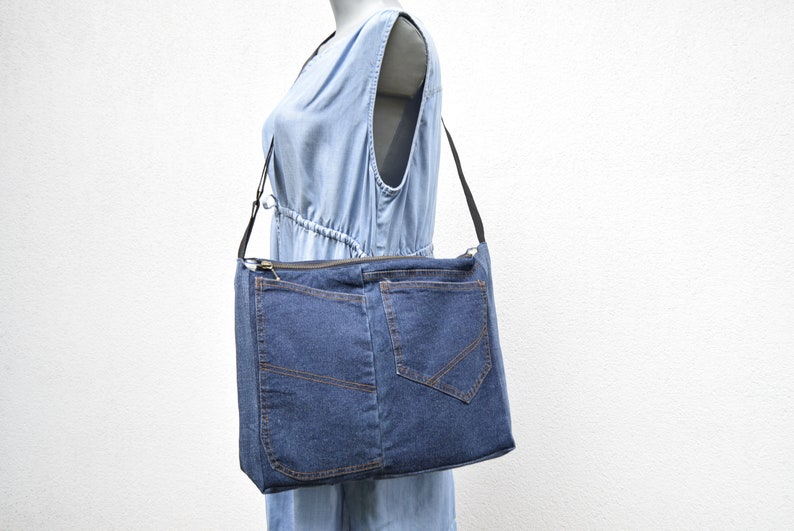 Shoulder bag,denim bag,laptop bag,unisex bag,upcycled jeans, handbag with top zipper, dark blue denim,vegan handbag,casual bag,zippered bag image 5