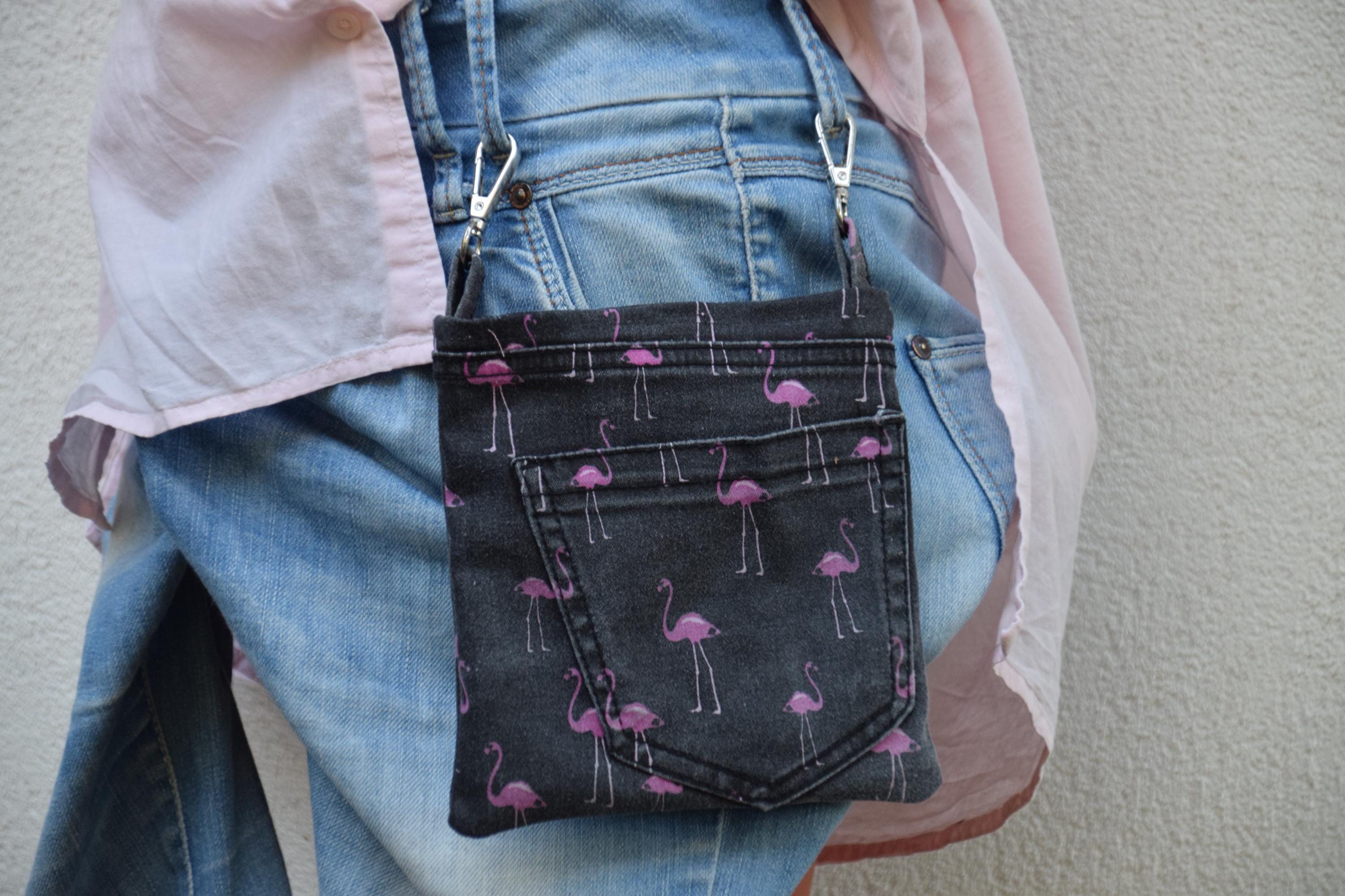Pocket Recycled Jeans Waist Bag,Belt Pocket Purse,Bum Bag for Phone,Money,Eco Friendly Wallet,belt purse,floral denim,pink heron black denim