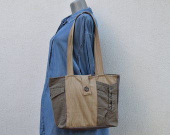 Shoulder tote bag,bag in brown-beige range,brown jeans and beige corduroy bag,Recycled pants,Gift for a girl,woman,Casual bag,Eco friendly