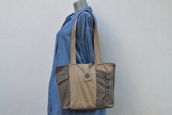 Shoulder tote bag,bag in brown-beige range,brown jeans and beige corduroy bag,Recycled pants,Gift for a girl,woman,Casual bag,Eco friendly