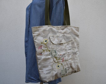 Shoulder bag,military brown jeans bag,Gift for a girl/woman,Casual bag,Eco friendly,Upcycled,personalized bag,Vintage jeans bag, flowers