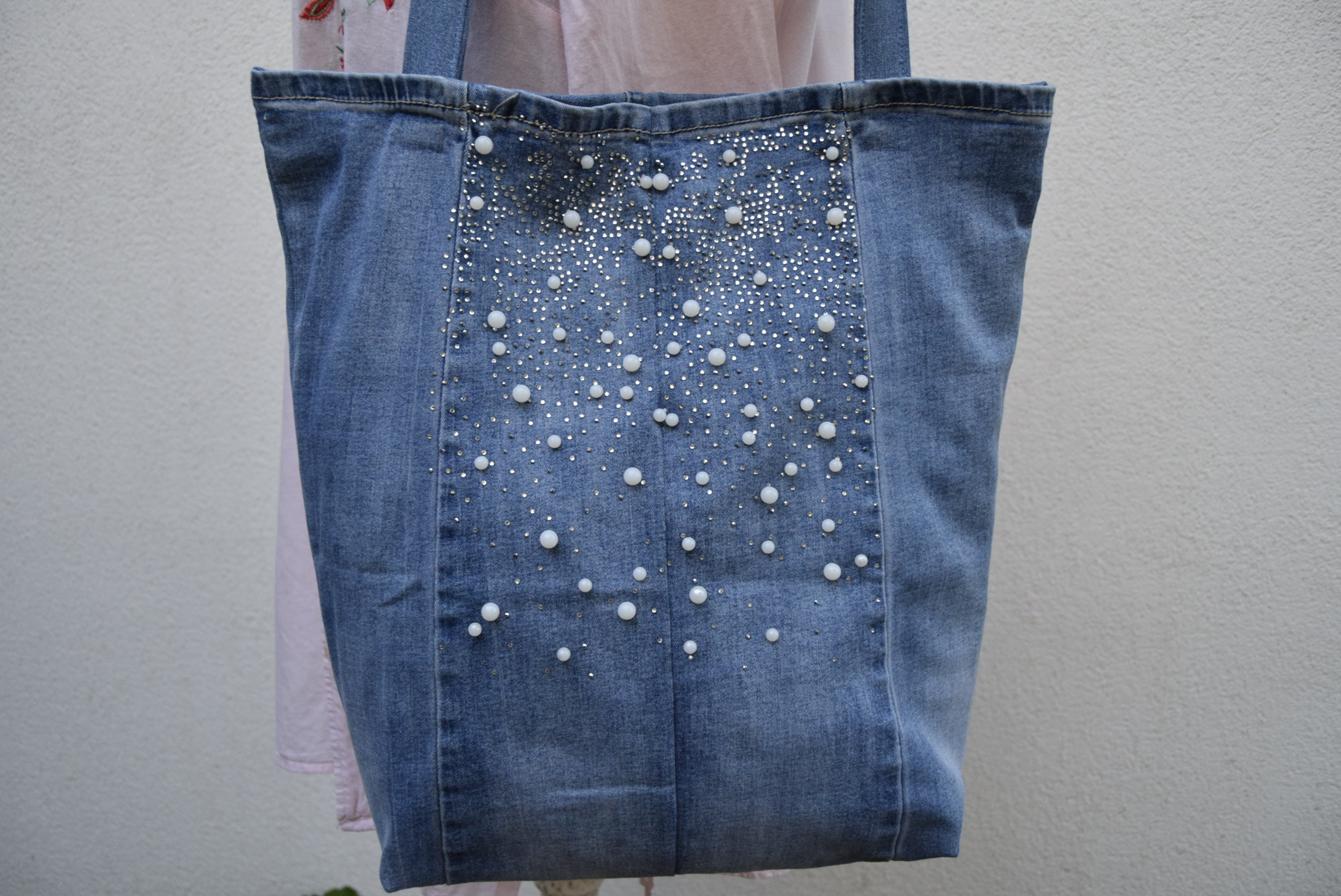 Artsy Denim Bag,boho Chic,upcycling Denim Bag Uniquewith White Pearl ...