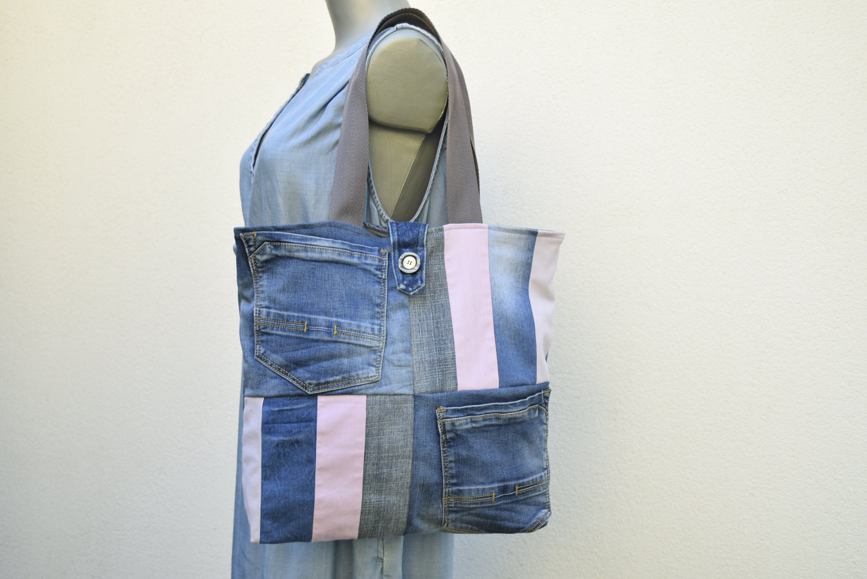 Patchwork Denim Bag,upcycled Denim Tote Bag,summer Denim Bag